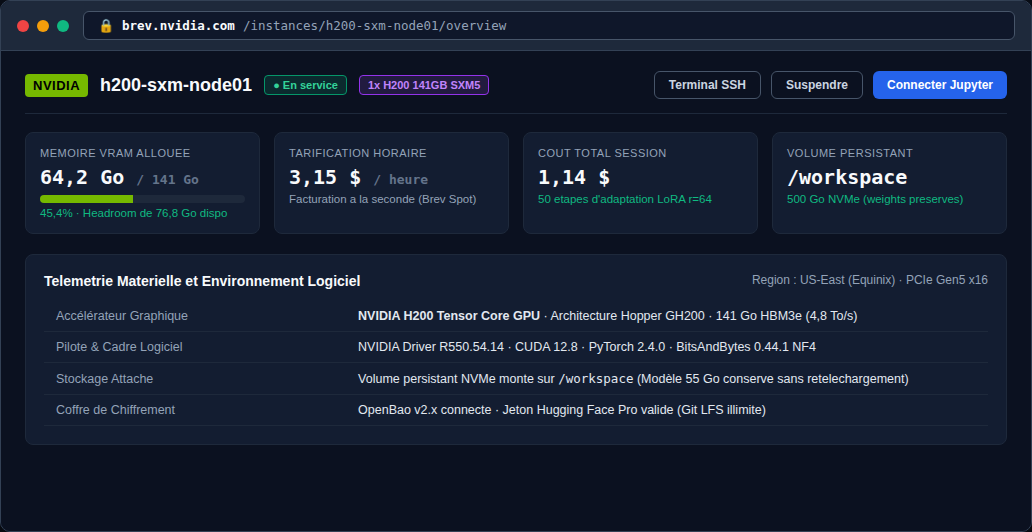 Console web Brev NVIDIA affichant le tableau de bord de l'instance H200 141 Go SXM5, l'allocation VRAM de 64,2 Go et le volume persistant /workspace.