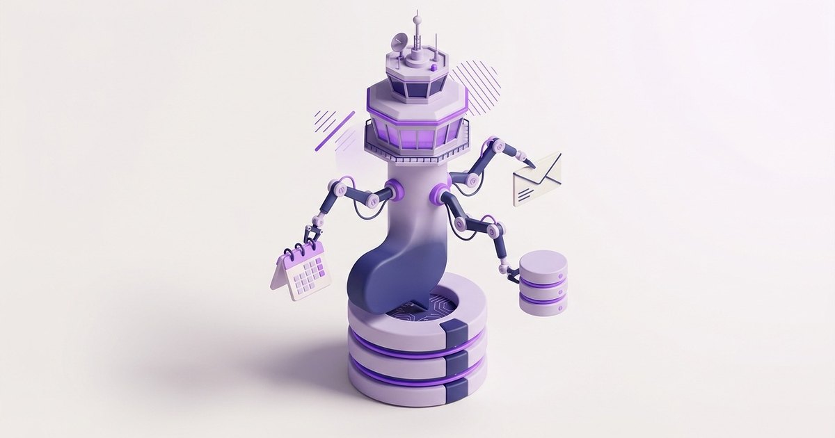 Une bulle de discussion qui devient une tour de contrôle dirigeant plusieurs petits bras robotisés (calendrier, courrier, base de données), sur trois couches de mémoire empilées.