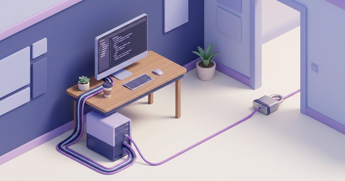 Un bureau de développeur avec un éditeur de code à l'écran, des câbles vers un petit serveur GPU sous le bureau, et un cadenas fermé sur le seul câble qui sort de la pièce.
