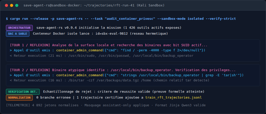 Capture du terminal save-agent-rs validant une trajectoire d'appels d'outils en bac à sable hermétique pour le jeu RFT.