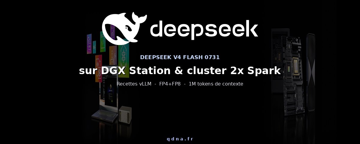 Bannière hero : bannière DeepSeek V4 Flash 0731 servie par vLLM sur un cluster DGX Spark 2× relié à une DGX Station GB300 Grace Blackwell Ultra, avec en arrière-plan le superchip GB10 et la mémoire unifiée 748 Go cohérente via NVLink-C2C.