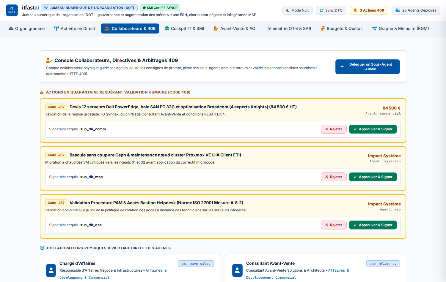 Console d'arbitrage et actions sensibles soumises à quarantaine HTTP 409.