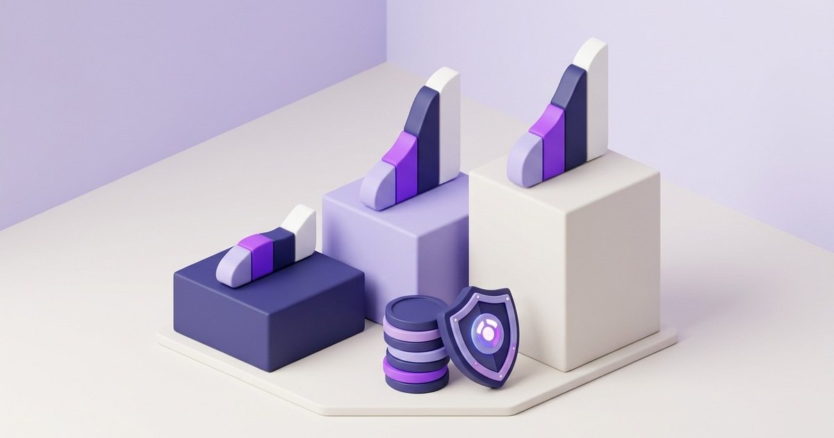 Three podium blocks of different heights each holding an abstract score bar, with a stack of coins and a shield at the foot of the podium.