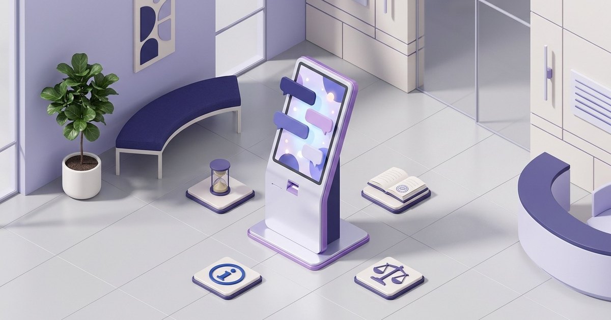 A chat window on a kiosk, surrounded by four plaques: an information sign, a scale, an hourglass and a stamped register.