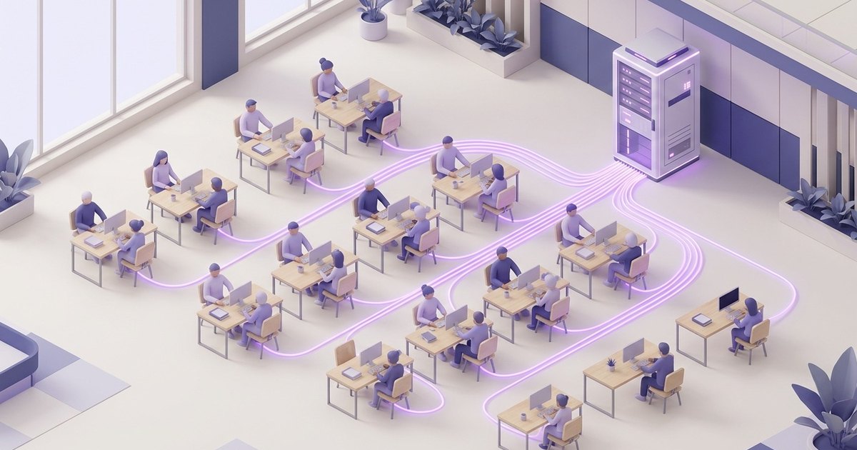 A small open-plan office with rows of desks and worker silhouettes, all linked by glowing threads to a single workstation tower in a corner.