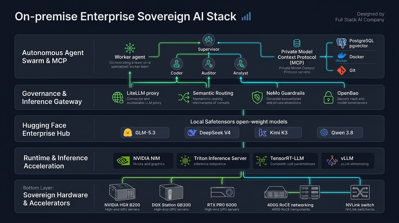 Technical architecture diagram illustrating the five tiers of the sovereign platform, from physical hardware to the multi-agent swarm.