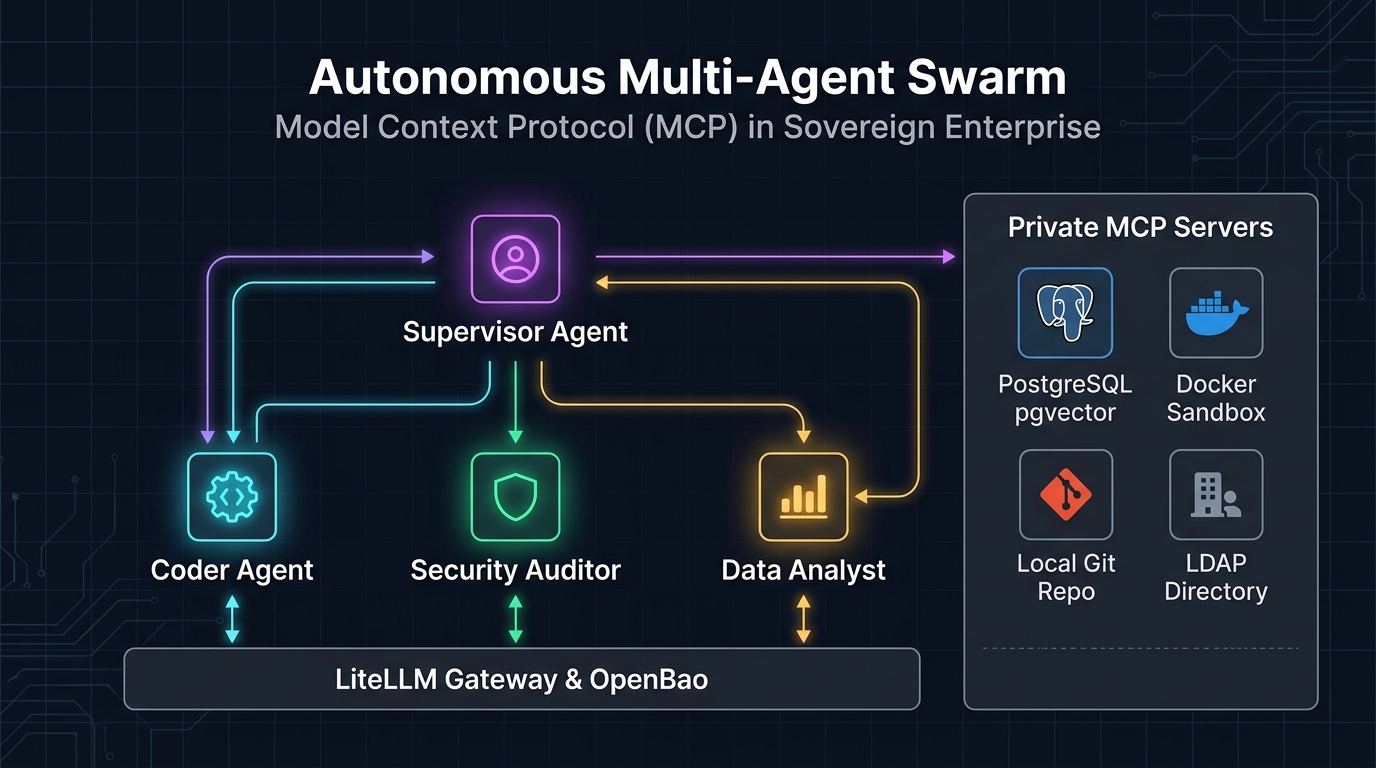 Orchestration diagram of the multi-agent swarm connected via Model Context Protocol to sovereign enterprise tools (pgvector, Docker sandbox, Git, directory).