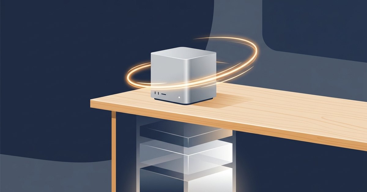 A small silver cube computer on a desk, circled by a light ring, stacked memory blocks below