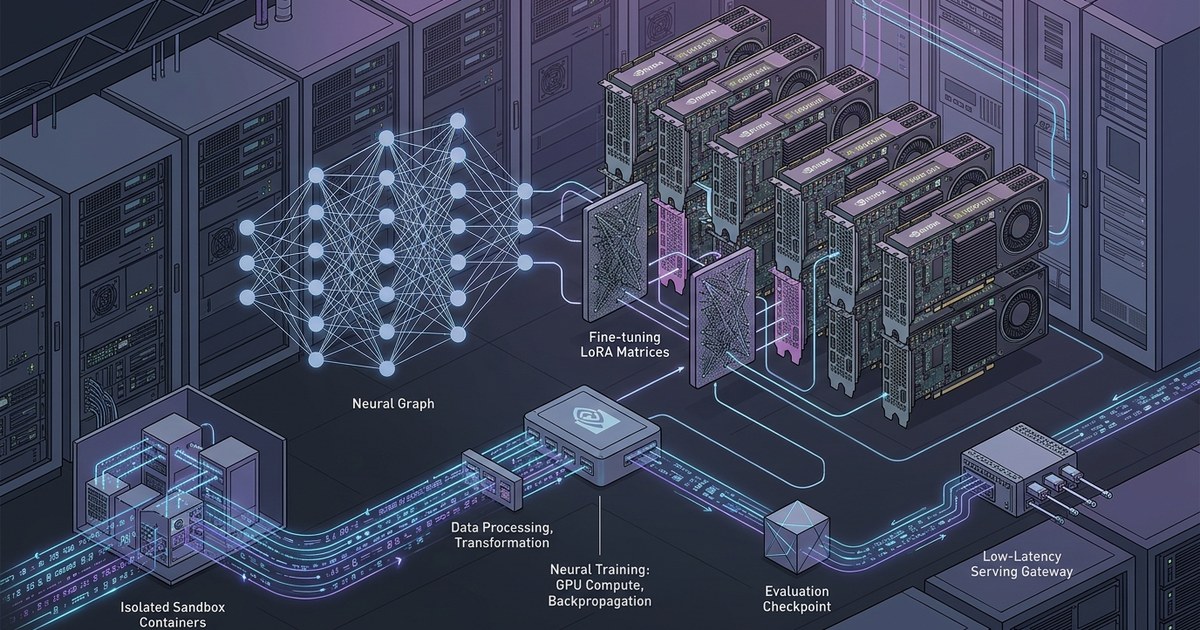 Technical diagram representing a local deep learning training pipeline with GPU acceleration, LoRA matrices and a serving gateway.