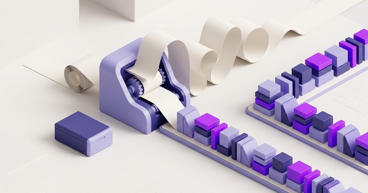 A single compact machine unrolling a very long paper scroll into a neat row of memory blocks, with a small cache box beside it.