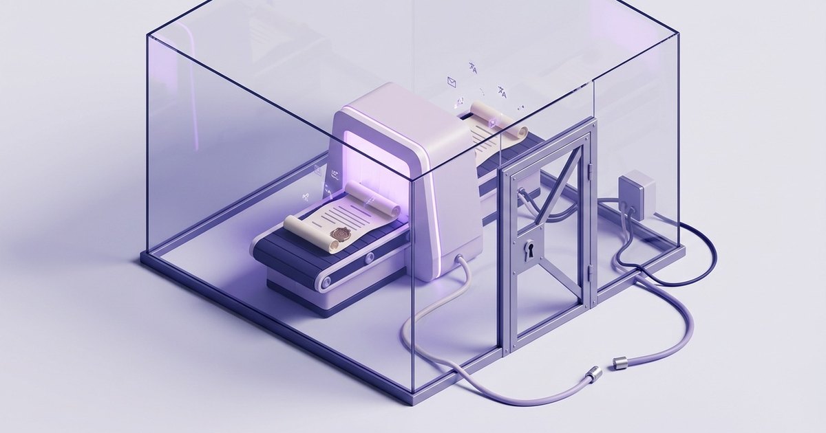 A sealed contract passing through a translation machine inside a locked glass room, the cable to the outside cut and capped.