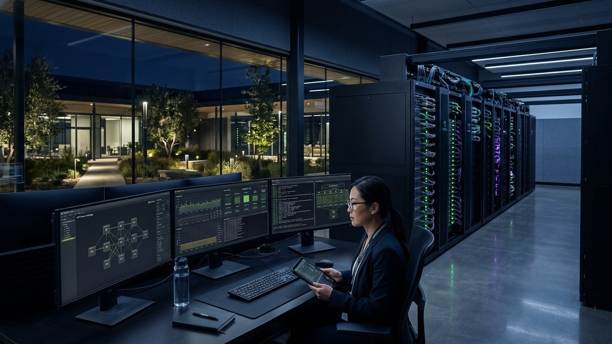 Salle d’opérations et centre de calcul d’une entreprise Full Stack AI souveraine avec baies GPU NVIDIA DGX et poste d’ingénierie supervisant l’essaim d’agents.
