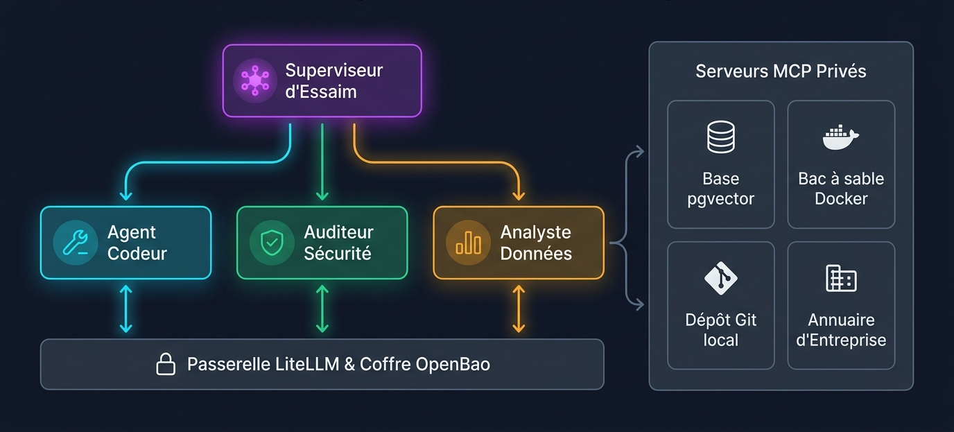 Schéma d’orchestration de l’essaim multi-agents connecté via le protocole MCP aux outils souverains de l’entreprise (pgvector, bac à sable Docker, Git, annuaire).