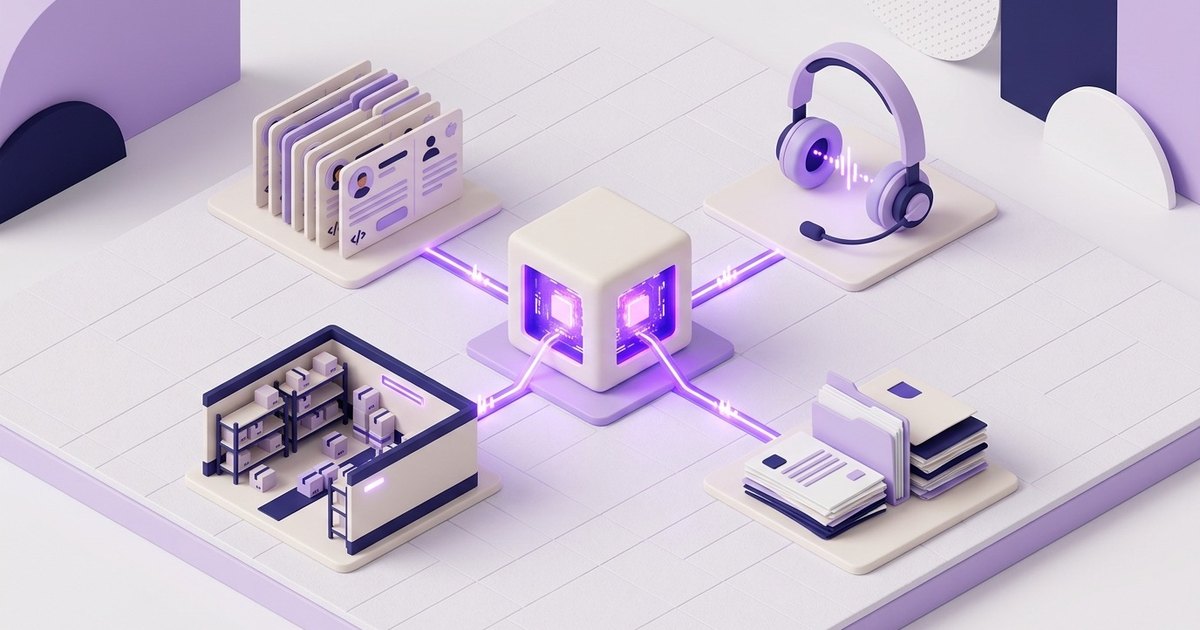 Un cube central distribuant des lignes lumineuses vers quatre postes métier : fiches clients, casque de support, entrepôt à étagères et pile de documents.