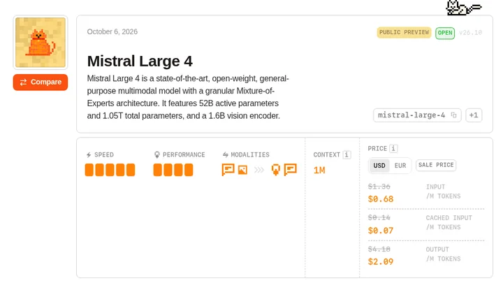 Screenshot of the Mistral Large 4 documentation card: preview status, parameters, context and pricing.