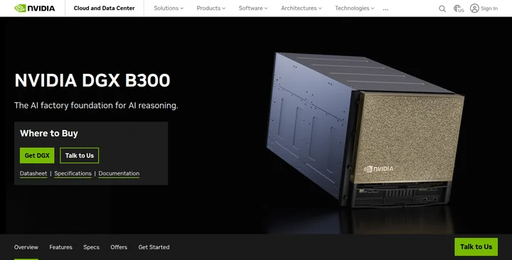 Screenshot of the NVIDIA DGX B300 page, an eight-GPU Blackwell Ultra server with 2.1 TB of memory.