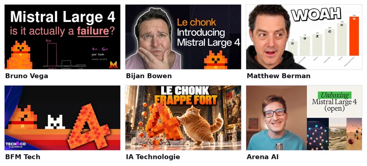 Thumbnails of the six videos cited: Bruno Vega, Bijan Bowen, Matthew Berman, BFM Tech, IA Technologie and Arena AI.