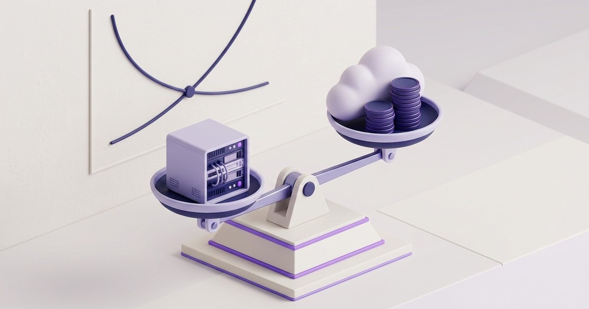 Une balance pesant un petit serveur sur un plateau et un nuage avec une pile de pièces sur l'autre, devant une courbe de coût au point de croisement.